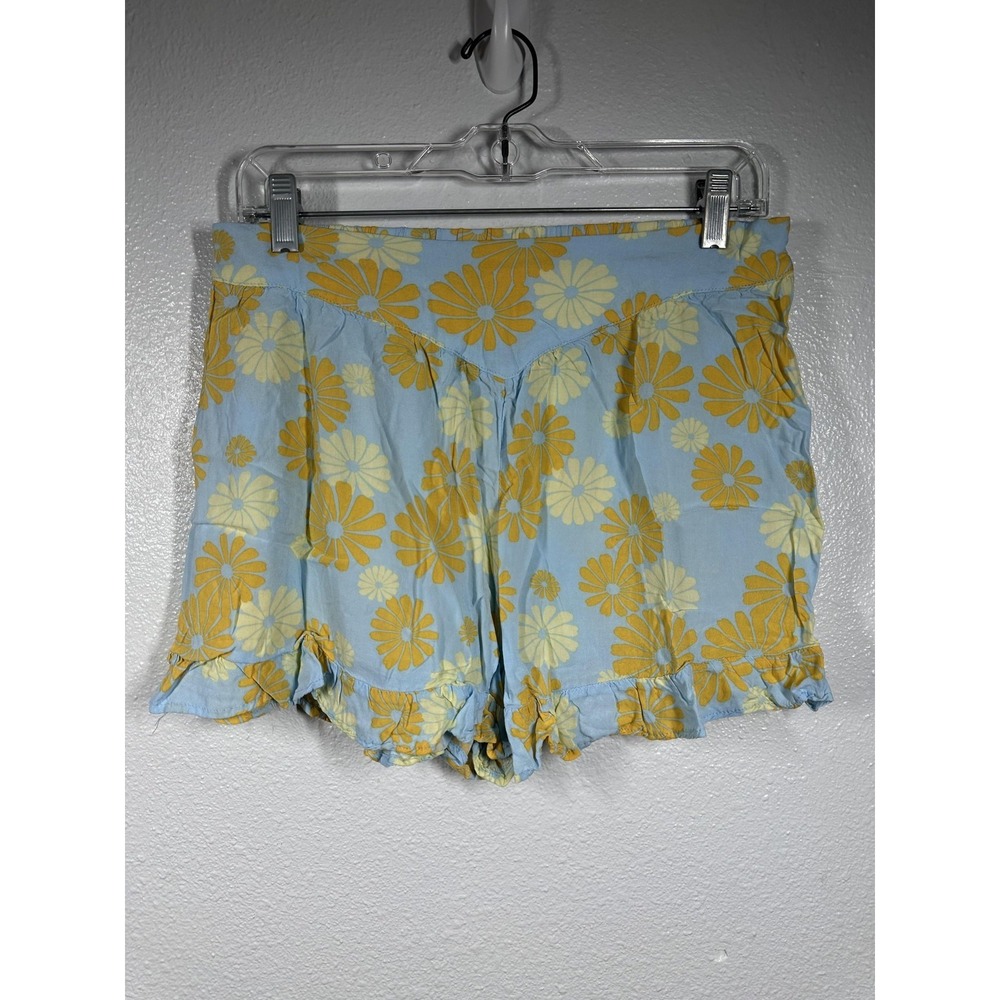 Spoiled Shorts Womens Large Blue Yellow Daisy Floral Ruffle Hem Rayon Boho Print